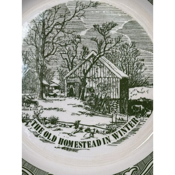 Old Homestead in Winter Pie Plate Royal China Green 10 Currier & Ives Blue Set 2 - Picture 7 of 10